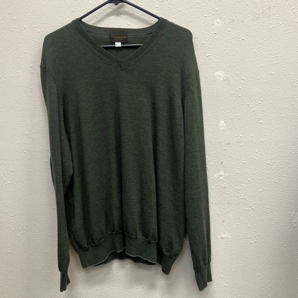Thomas Dean Green V-neck Long Sleeve Merino Wool Blend Sweater XL #333
